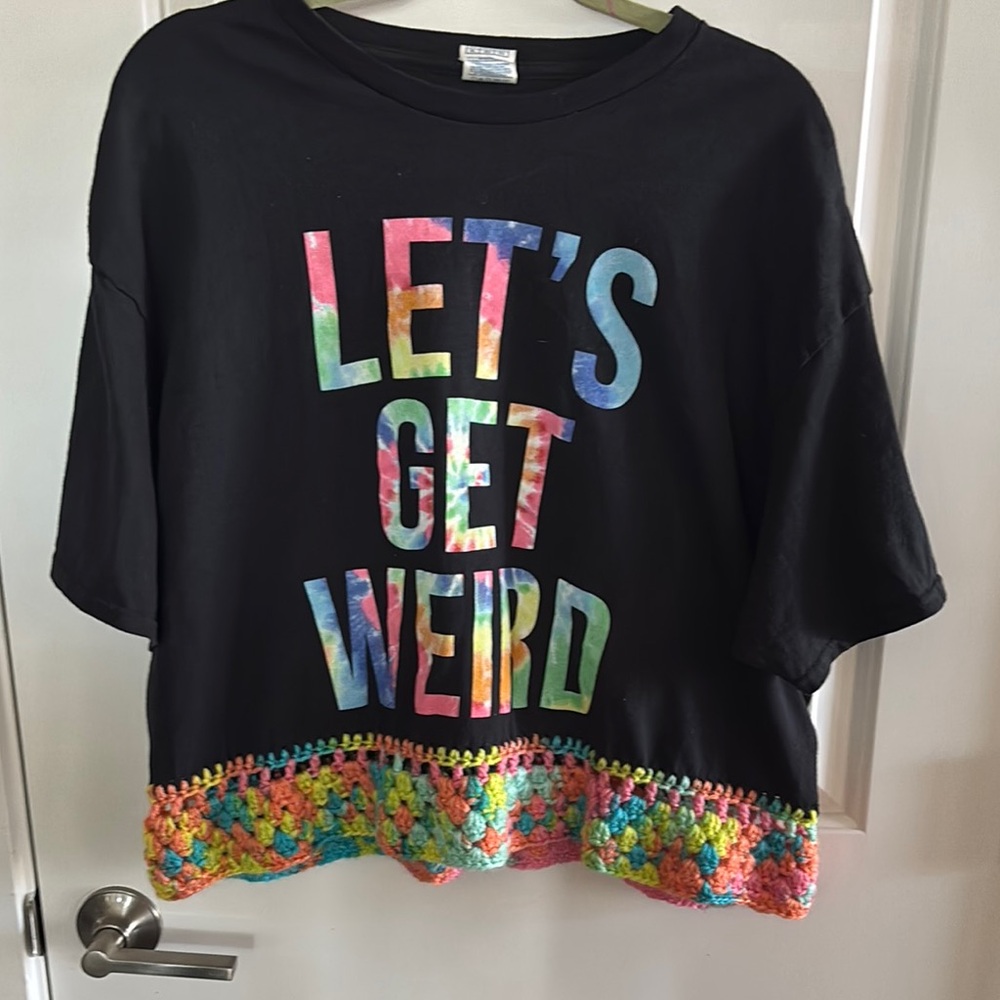 Black Graphic Tee with Colorful Crochet Hem